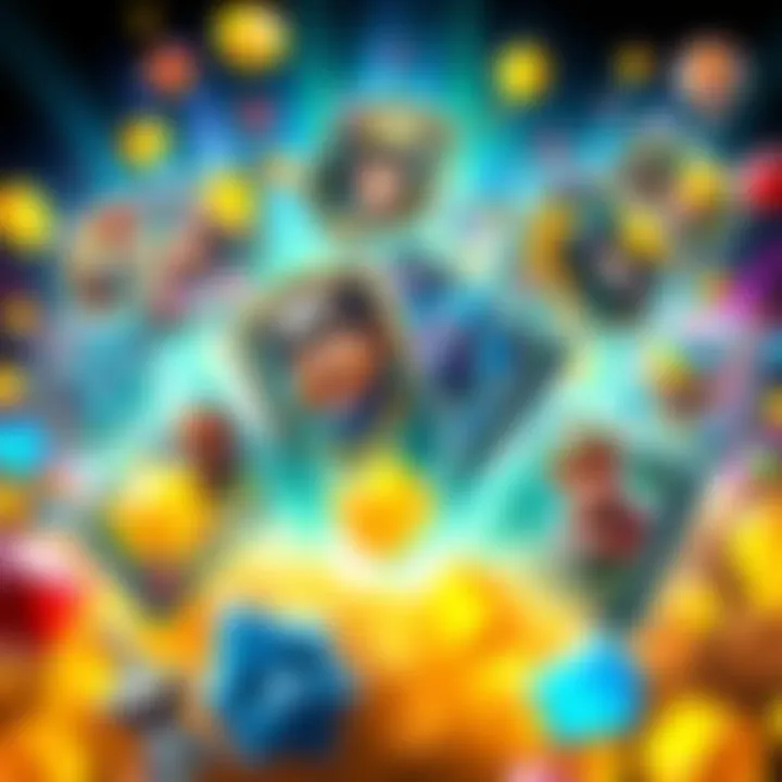 A colorful display of various action shot cards representing different characters and abilities, showcasing the excitement of the 10 gem drop.
