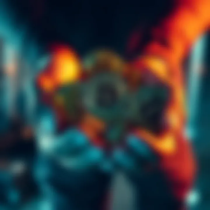 Two hands holding 10 shiny Bitcoin coins, symbolizing investment and spending choices.