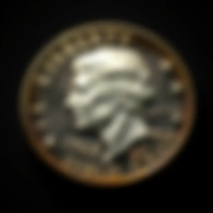 A close-up view of a shiny 1968 proof coin showcasing its details and luster on a dark background.