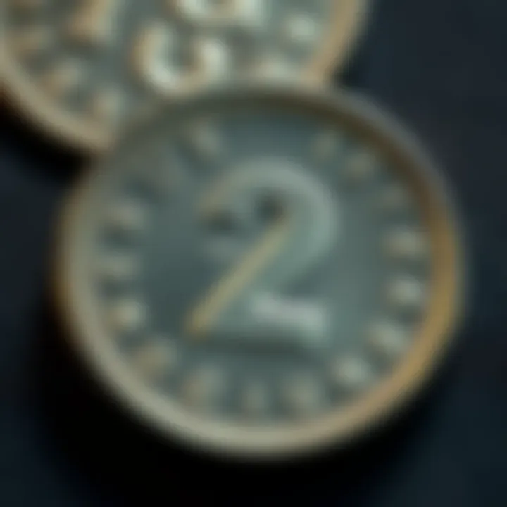 Close-up of a 1998 $2 coin showing its design and features