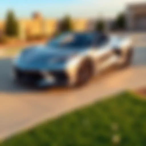 A silver 2023 Corvette C8 convertible parked outside, showcasing its sleek design and shiny exterior, with a price tag of $70K. The car has low mileage and premium features visible.
