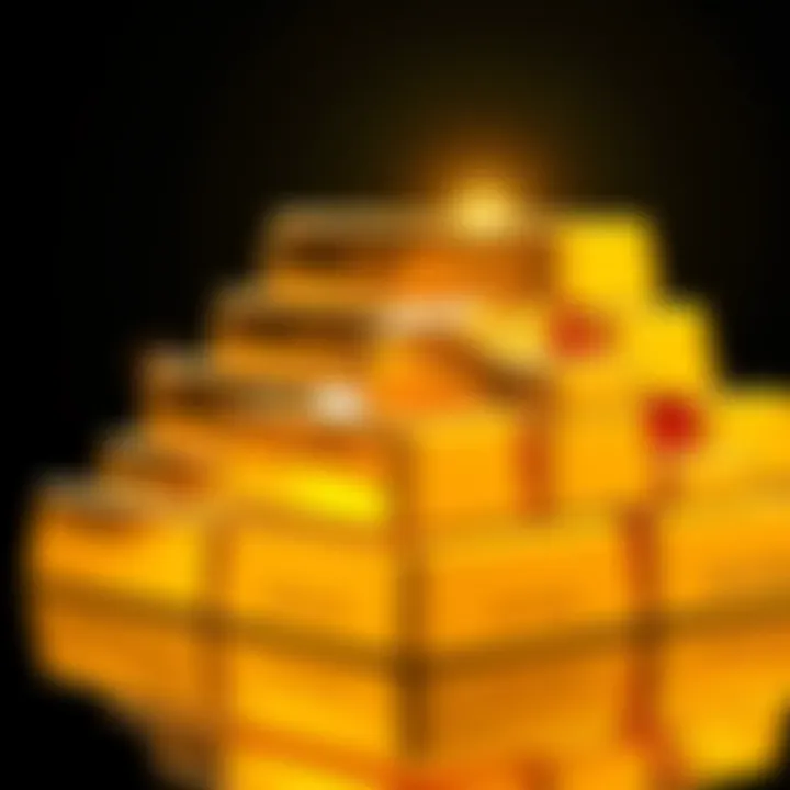 A stack of gleaming 24k gold bars reflecting light.
