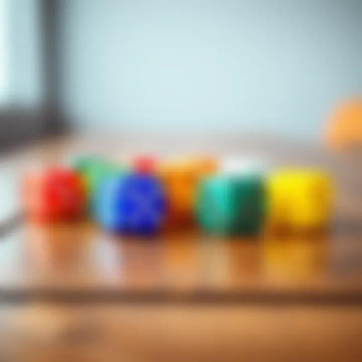 A close-up view of colorful 3D printed dice on a wooden table, featuring different shapes and numbers, ready for use in a game.