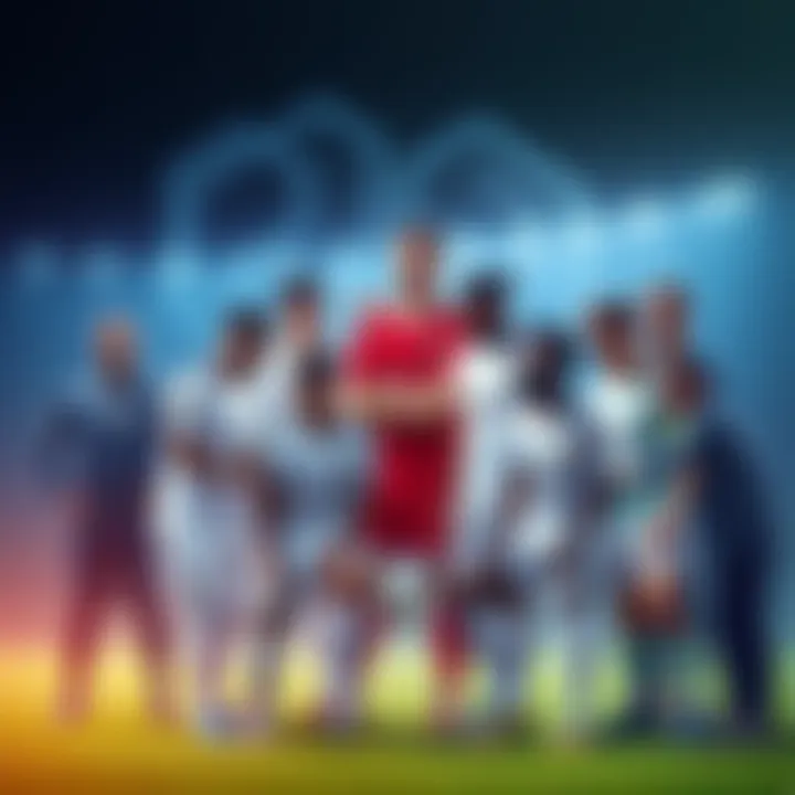 480 Team Lineup Selection A diverse group of players in soccer uniforms discussing strategies for a 480 team lineup, with a focus on goalkeepers, defenders, and midfielders, highlighting players like Romero, Guehi, and Rabiot.