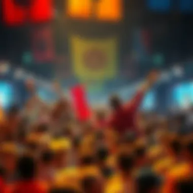 A vibrant crowd of people excitedly discussing the 5 hour x50 event, with colorful banners in the background.