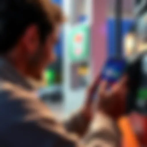 A person using the 7-Eleven app on their smartphone while filling gas at a station, with a rewards icon visible