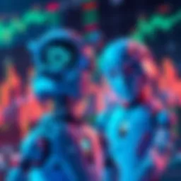 Illustration of AI bots working together, causing market fluctuations, with digital stock charts in the background.