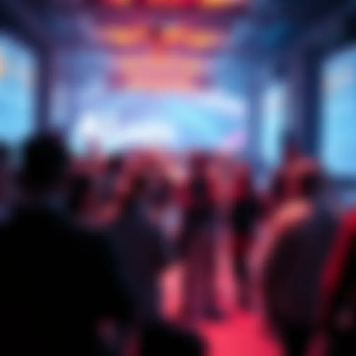 A crowded launch event with people networking and discussing AI integration for CRO