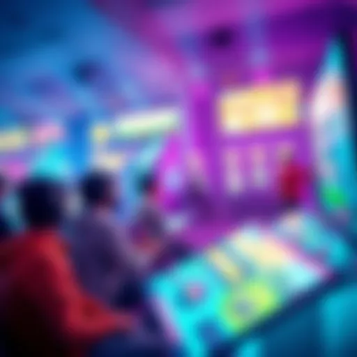 A vibrant scene of players enjoying games on the PortalPi.games app with bright graphics and leaderboard displays.