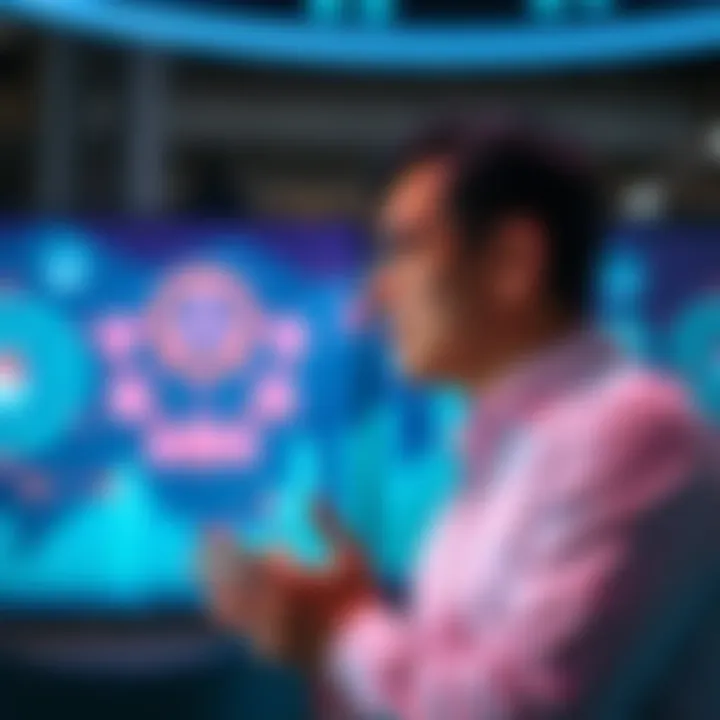 Aave's founder speaking about the evolution of DAOs, with a backdrop of digital technology symbols