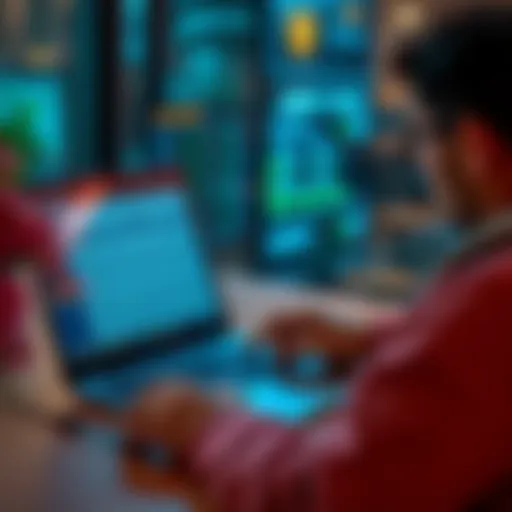 Accepting USDC Payments A freelancer using a laptop to process USDC payments with accounting software on the screen, showing an easy transaction process.