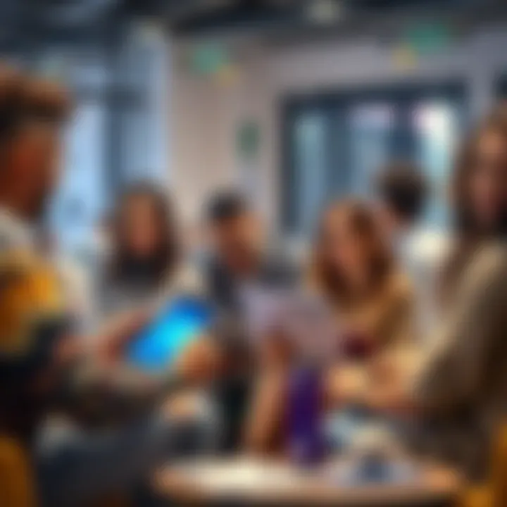 A diverse group of people discussing decentralized finance concepts with laptops and notebooks in a casual setting.