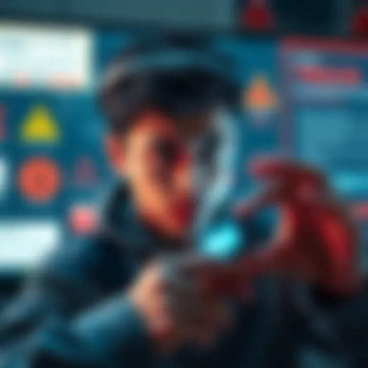 A person looking at a Trezor wallet device with a confused expression, surrounded by warning signs and instructions on a computer screen