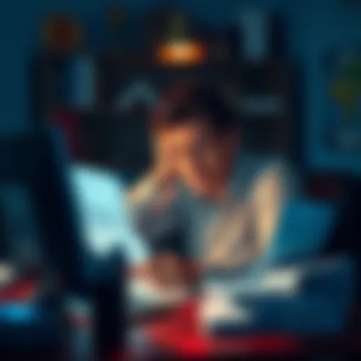 Account holder frustrated over KYC delays A stressed person sitting at a desk surrounded by frozen funds and KYC documents, showing frustration while looking at a computer with no updates.