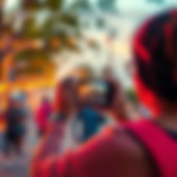 A community member taking a photo of their active day outdoors, engaged in exercise or sports, with a vibrant background indicating a lively atmosphere.