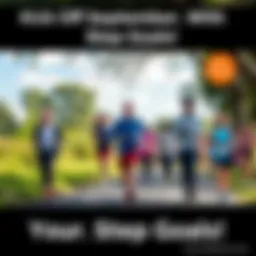 A group of diverse people walking on a trail in a park, motivating each other to achieve fitness goals, with trees and a clear sky in the background.
