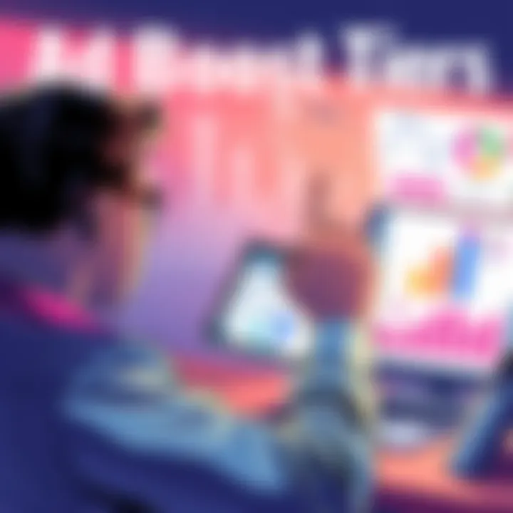 Illustration of a person analyzing graphs and charts related to Ad Boost Tiers, showcasing badge usage and ad efficiencies.