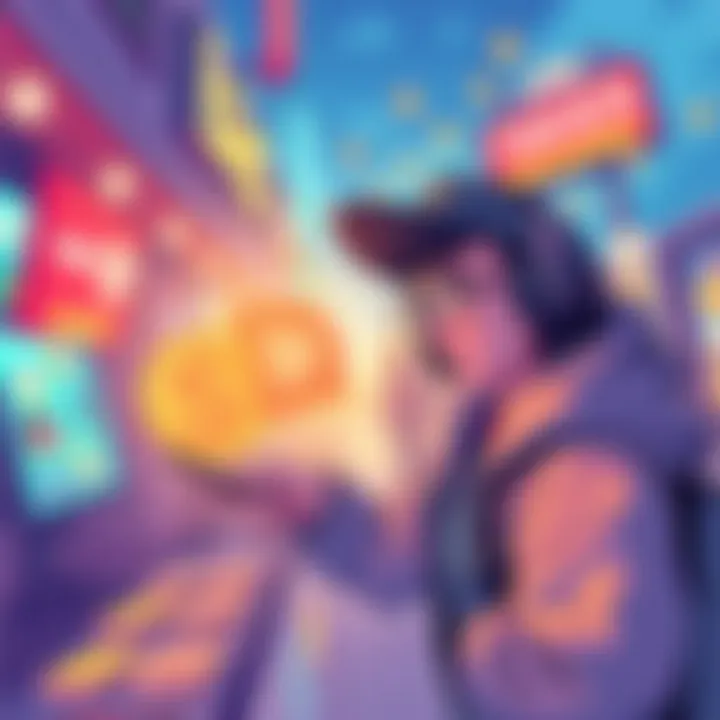 Illustration showing a person engaging with mobile ads while collecting bid tokens