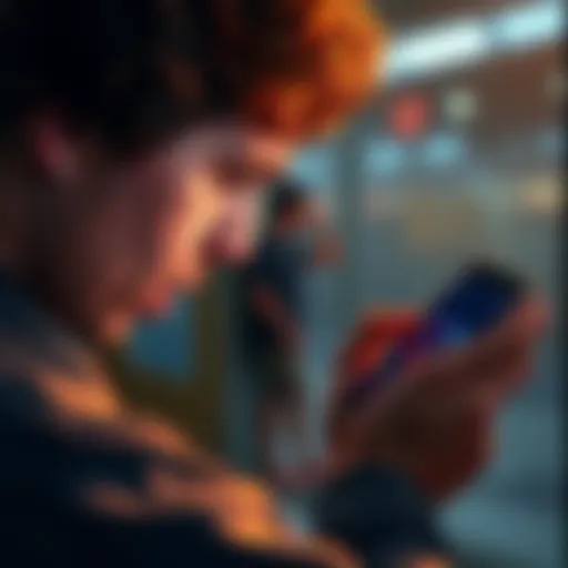 A person looking frustrated at their phone while ads fail to load, showing a loading symbol on the screen.