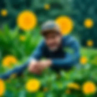 Adrian Grenier working on a sustainable farm at Kintsugi Ranch, surrounded by lush greenery and Bitcoin symbols