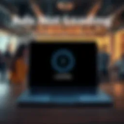 Ads Not Loading A laptop screen showing a loading symbol for ads, with frustrated people in the background
