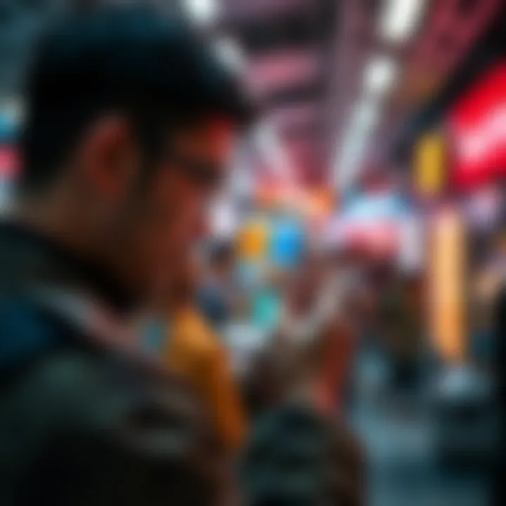 An advertiser shows an engaging ad on a smartphone in a busy environment, capturing attention quickly.