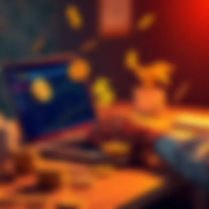 A person using a laptop to swap cryptocurrencies with dollar signs and coins around them