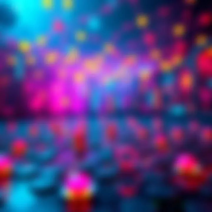 A colorful scene from the Agario game, featuring vibrant circles representing players on the Solana blockchain, with a digital background of blockchain elements.