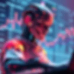 An illustration of an AI agent managing DeFi trades with digital currency symbols and charts in the background