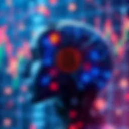 A futuristic depiction of an artificial intelligence system analyzing Bitcoin symbols, with crashing cryptocurrency graphs in the background.
