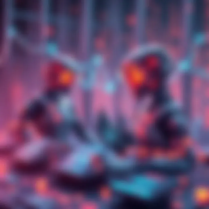 An illustration showing AI agents processing data with blockchain technology, featuring digital representations of smart contracts and code.