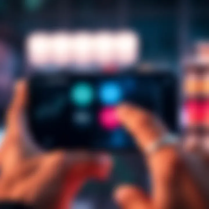 A smartphone screen displaying AI commands for trading such as buy and sell buttons, with a person gesturing towards it.