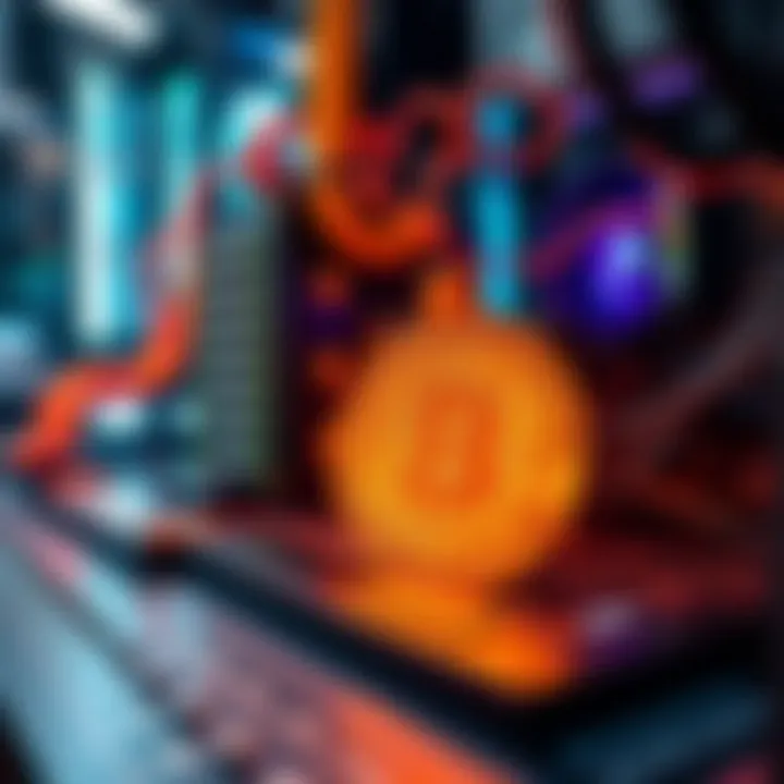 A representation of artificial intelligence tools being used in Bitcoin mining, showing computer hardware and AI graphics