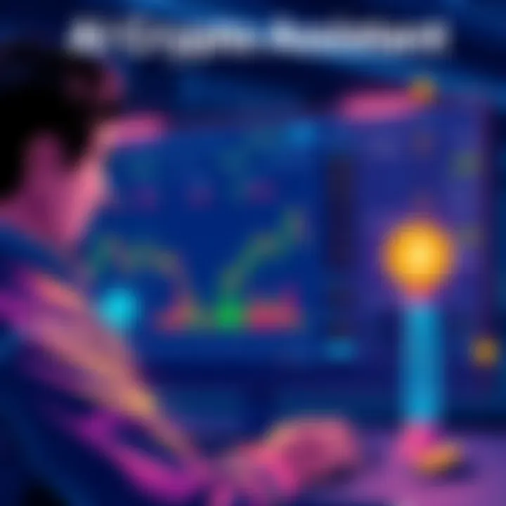 AI Crypto Assistant Illustration of JCA, an AI tool showing live crypto prices and news analysis on a screen, alongside a user making trades.
