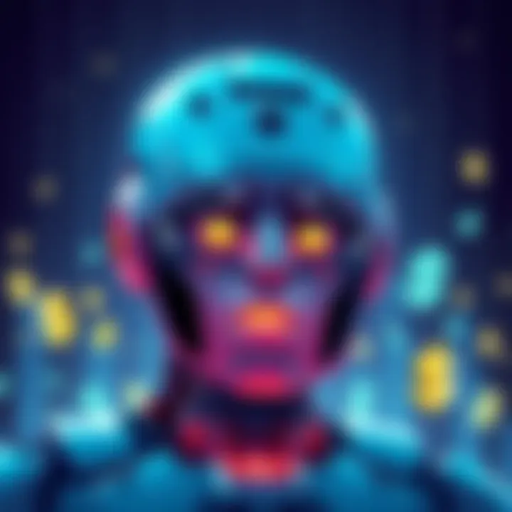 An illustration showing a sad robot looking at a falling cryptocurrency chart with dollar signs around it, representing losses in investments.