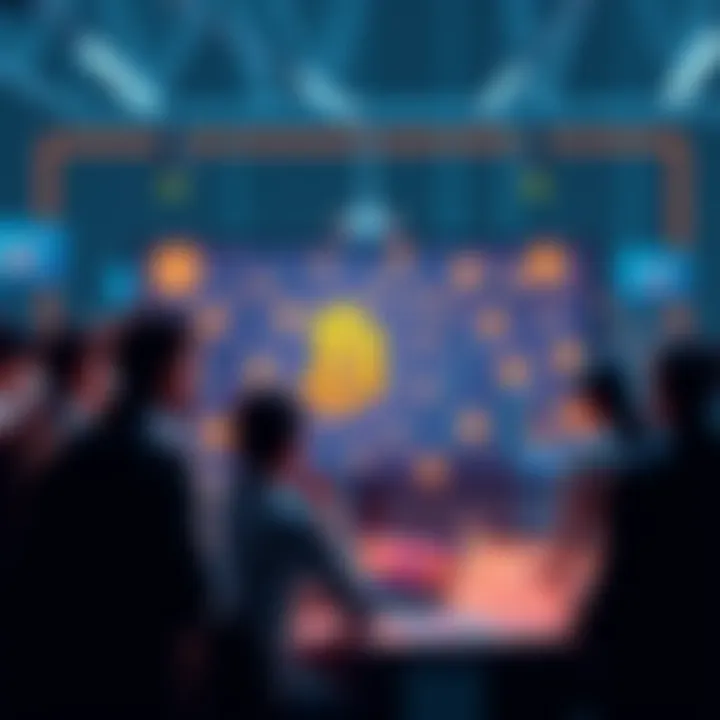 A community member proposes AI usage rules to enhance discussions in Bitcoin forums, represented by a group of people discussing around a digital screen with Bitcoin symbols.