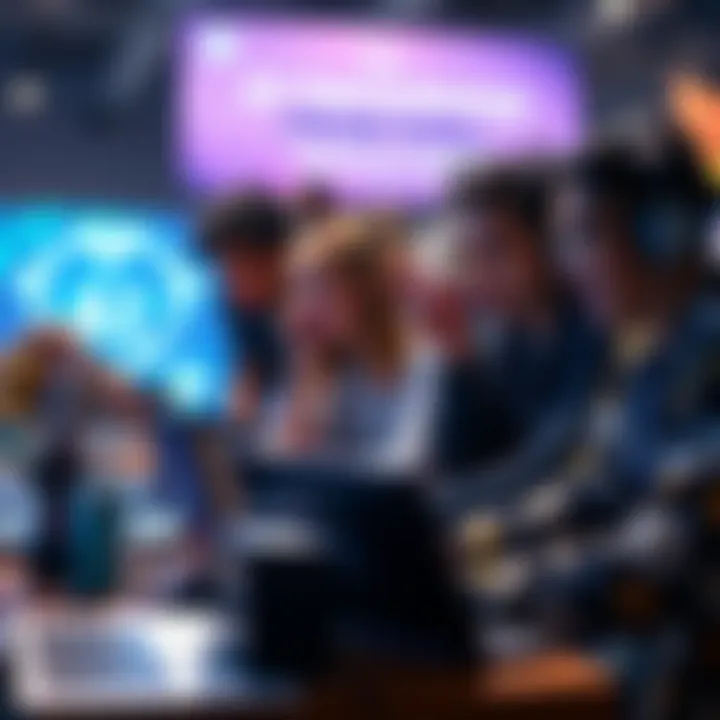 A group of diverse tech enthusiasts working together on laptops, brainstorming ideas for an AI hackathon, with a visible prize pool announcement in the background.