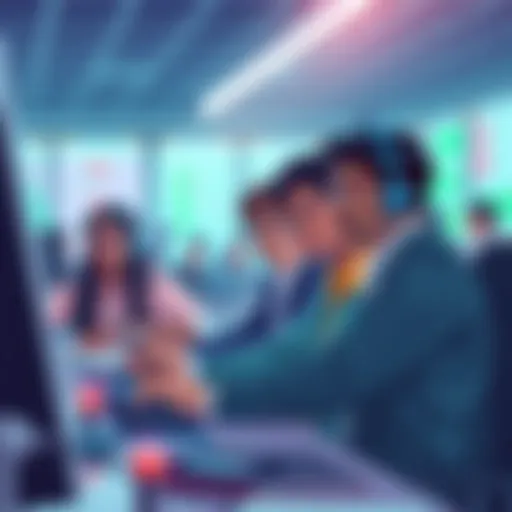 Illustration showing diverse individuals working in support roles, including an AI interface and Indian professionals collaborating in a tech environment.