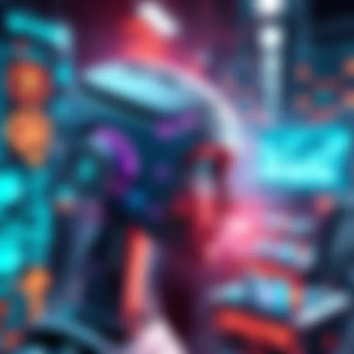 A digital representation of an AI managing cross-chain stablecoin transactions, showcasing secure payment methods with futuristic interfaces and blockchain symbols.