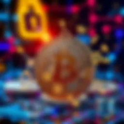 A digital representation of AI and quantum computing symbols looming over a Bitcoin, highlighting cybersecurity measures
