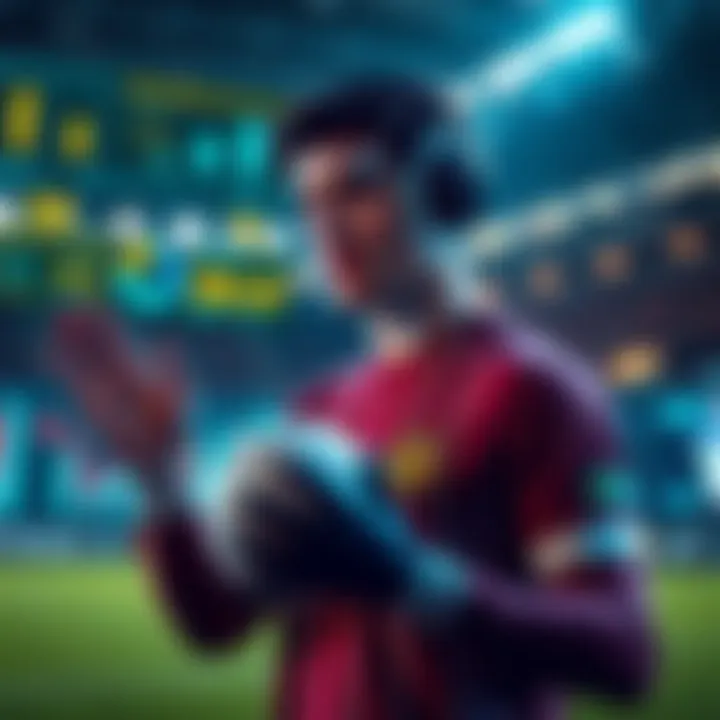 AI Technology in Sports A soccer player being analyzed by AI technology on a digital screen, showcasing player stats and data analysis.