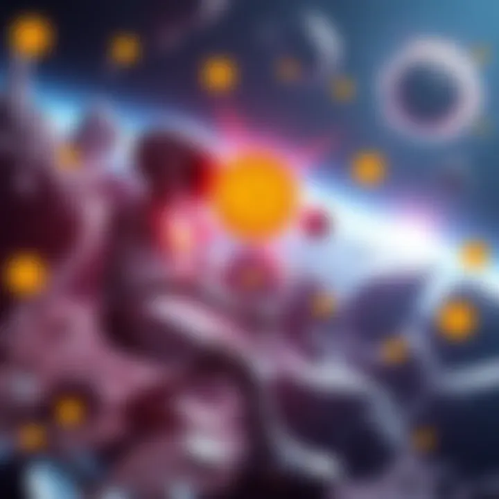 A futuristic depiction of AI robots mining asteroids in space, with Bitcoin symbols floating around them, representing the relationship between space resources and currency.