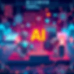 AI Technology Concept An illustration depicting various AI technology elements like robots and data analytics graphics, emphasizing the exploration of AI advancements.