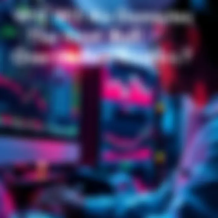 A digital representation of AI algorithms analyzing market data next to a human trader looking at charts