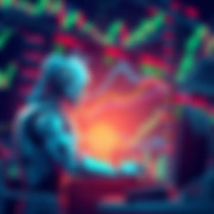 An illustration of a robot coding on a computer screen surrounded by stock market charts and graphs, highlighting the challenges of creating profitable strategies.