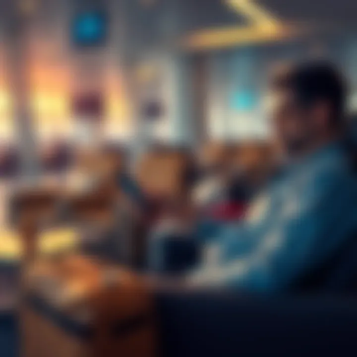 Airport Lounge Access A traveler relaxing in an airport lounge with comfortable seating and refreshments while checking flight information on a smartphone.