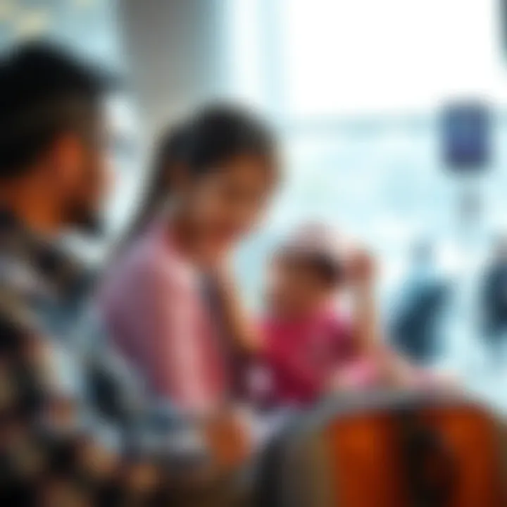 A family discussing airport lounge access options, with a focus on a child traveling to Tenerife.