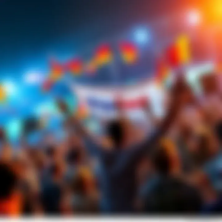 A vibrant community supporting Algorand with people holding banners and cheering, symbolizing faith and commitment to the project.