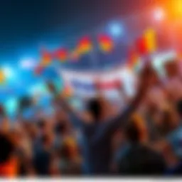 Growing Community Support for Algorand A vibrant community supporting Algorand with people holding banners and cheering, symbolizing faith and commitment to the project.