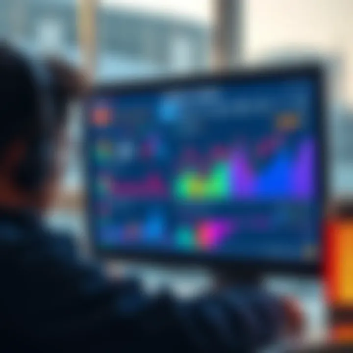 A person analyzing rewards in Algorand's delegated staking on a computer screen with staking charts and graphs visible.